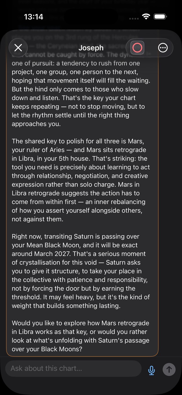 A chat answer on the three Black Moons: Mars retrograde opposing the Alicorn, and Saturn transiting the natal Alicorn, exact conjunction on 18 March 2027.