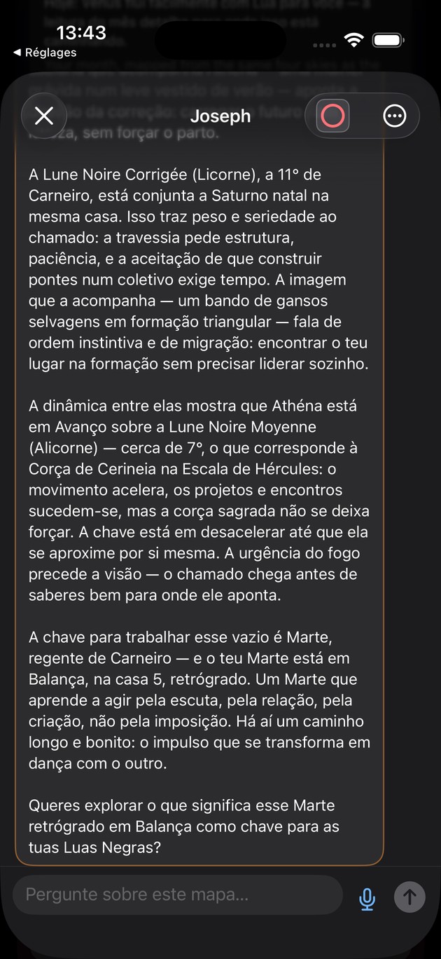 Resposta do chat sobre as três Luas Negras: Marte retrógrado em oposição à Alicorne, e Saturno em trânsito sobre a Alicorne natal, conjunção exata em 18 de março de 2027.