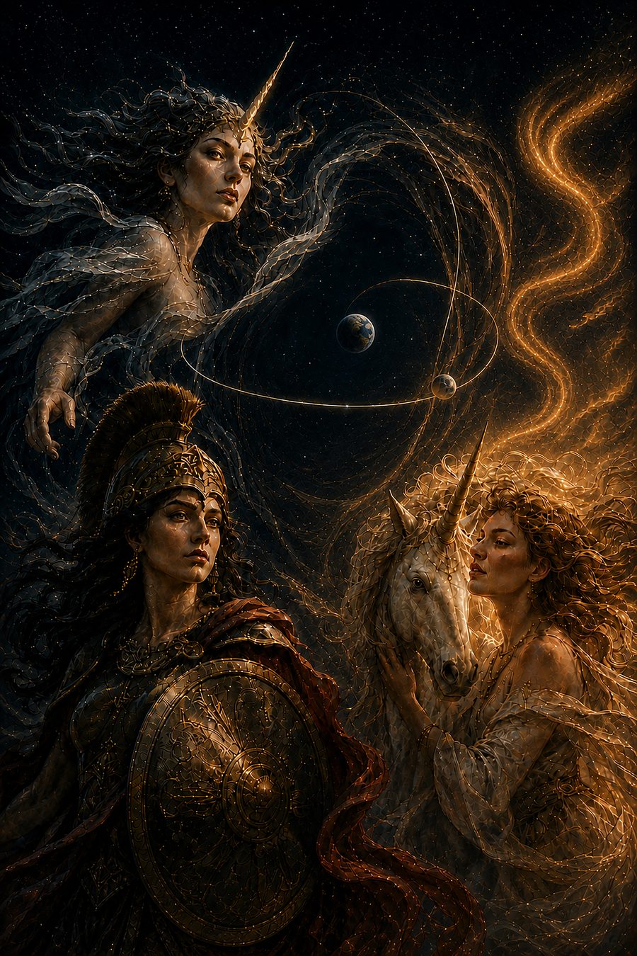 Tres figuras bajo la órbita de la Tierra y la Luna: arriba, el cuerno solo en la frente; abajo, Atenea con casco y el Unicornio.